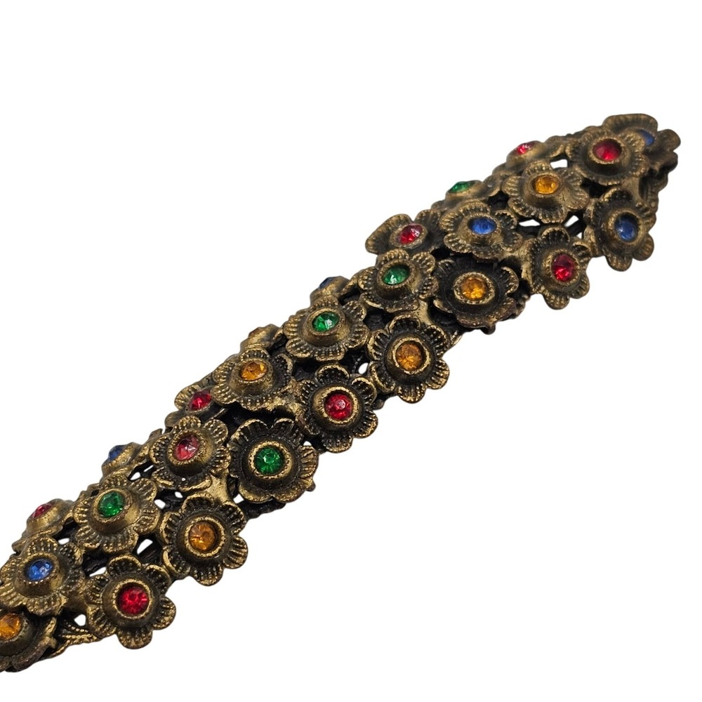 Vtg Czech Style Brass Floral Bar Brooch Multicolor Glass Rhinestones 3.5" Stmt - Picture 3 of 10